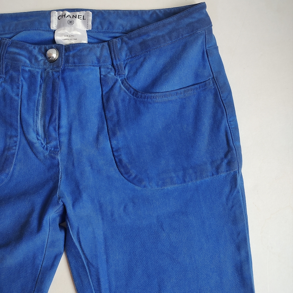 Chanel Slim Jeans Blue Pants Cotton Skinny Stretch Button Cc 12c Full Length 38